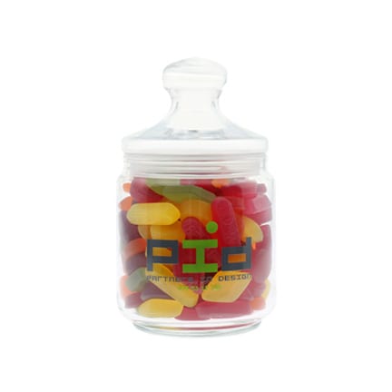 Bedrukt glazen stolppotje met logo 750cc