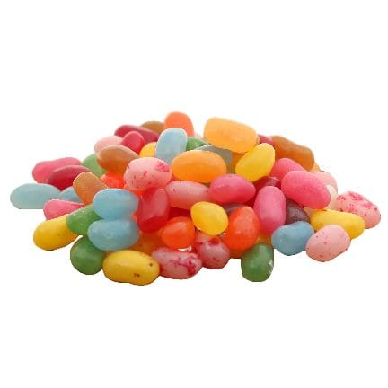 Vrolijke gemengde Jellybeans in bedrukte snoeppot