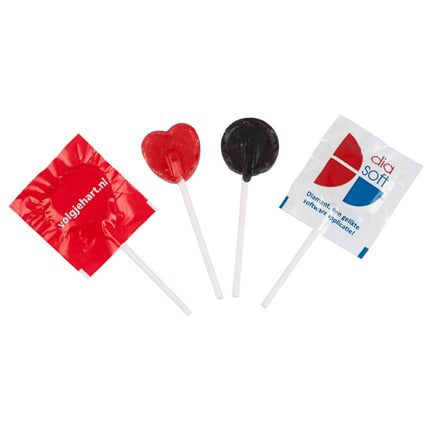 Kleine platte lolly in bedrukte folie