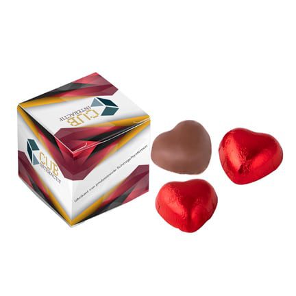 Bedrukt doosje met 3 chocoladehartjes