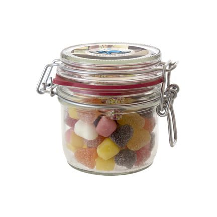 Zoet gevuld glazen weckpotje met logo 250cc