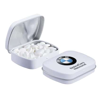 Scharnierblikje met logo als give-away