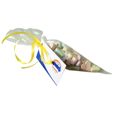 Puntzakje snoep met een logokaartje