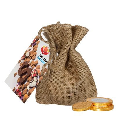 Jute zakje met chocolade munten