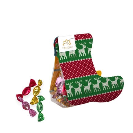 Papieren staande Kerstsok met fruitzuurtjes als Kerst aardigheidje