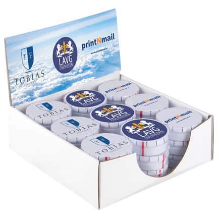 Eigen displaydoos met logo Pepermuntblikjes